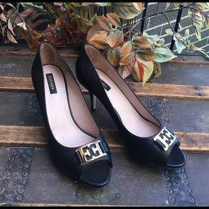 Escada Open Toe Leather Logo Pumps